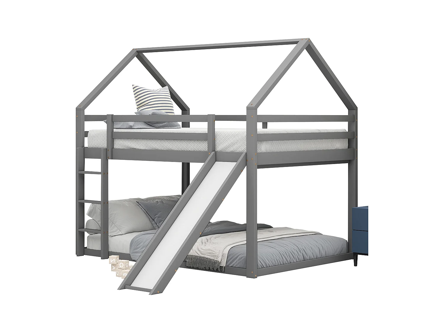 Lit superposé maison 140x200 cm - lit enfant avec échelle et glissade - Structure grise robuste (sans matelas)