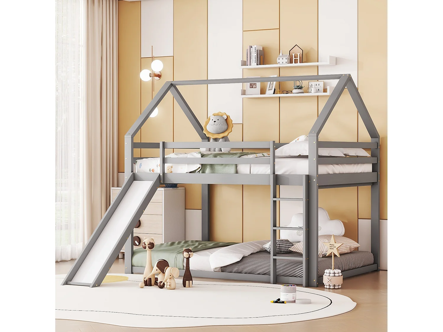 Lit superposé maison 140x200 cm - lit enfant avec échelle et glissade - Structure grise robuste (sans matelas)