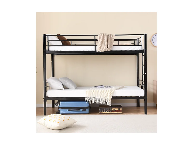 Beliche 90x200 cm para crianças com grades de segurança – transformável em 2 camas individuais, estrado de ripas, escada antiderrapante – Preto (sem colchão)