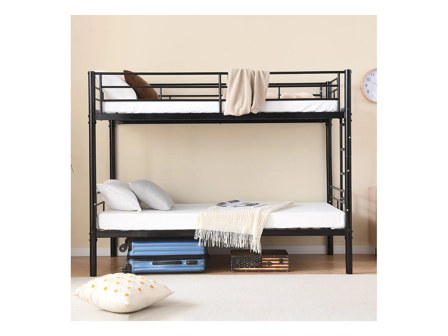 Lit superposé enfant 90x200 cm avec barrières de sécurité et échelle, sommier inclus, cadre en métal Noir, sans matelas