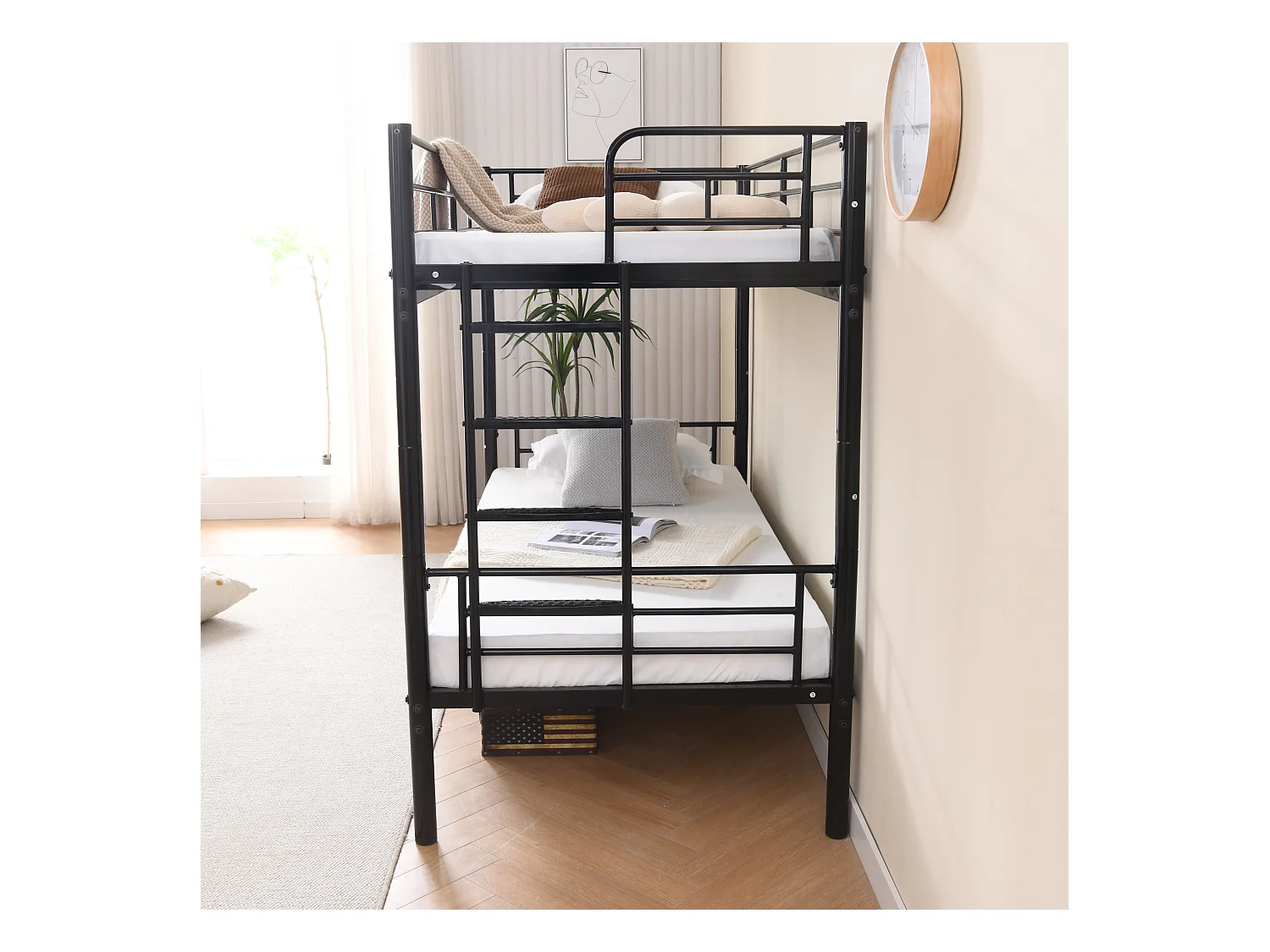 Lit superposé enfant 90x200 cm avec barrières de sécurité et échelle, sommier inclus, cadre en métal Noir, sans matelas