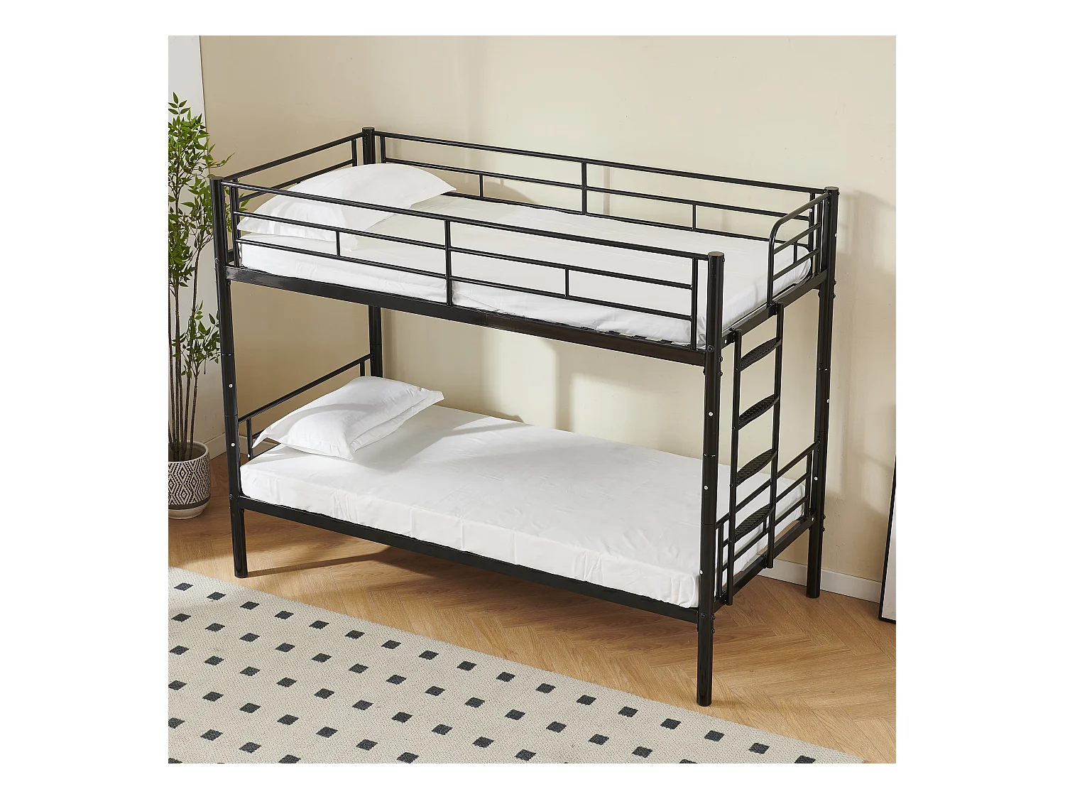 Lit superposé enfant 90x200 cm avec barrières de sécurité et échelle, sommier inclus, cadre en métal Noir, sans matelas