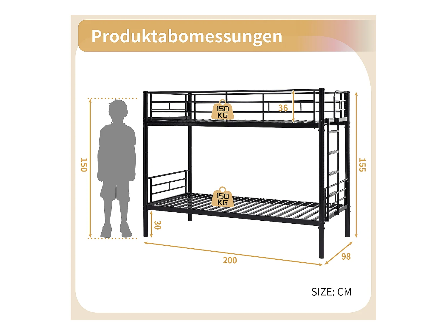 Lit superposé enfant 90x200 cm avec barrières de sécurité et échelle, sommier inclus, cadre en métal Noir, sans matelas