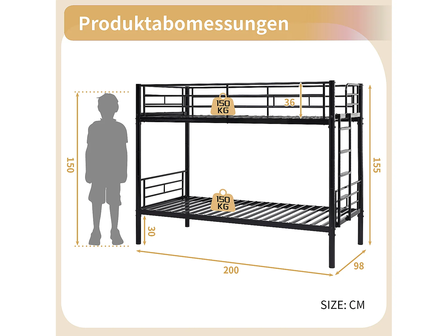 Lit superposé enfant 90x200 cm avec barrières de sécurité et échelle, sommier inclus, cadre en métal Noir, sans matelas