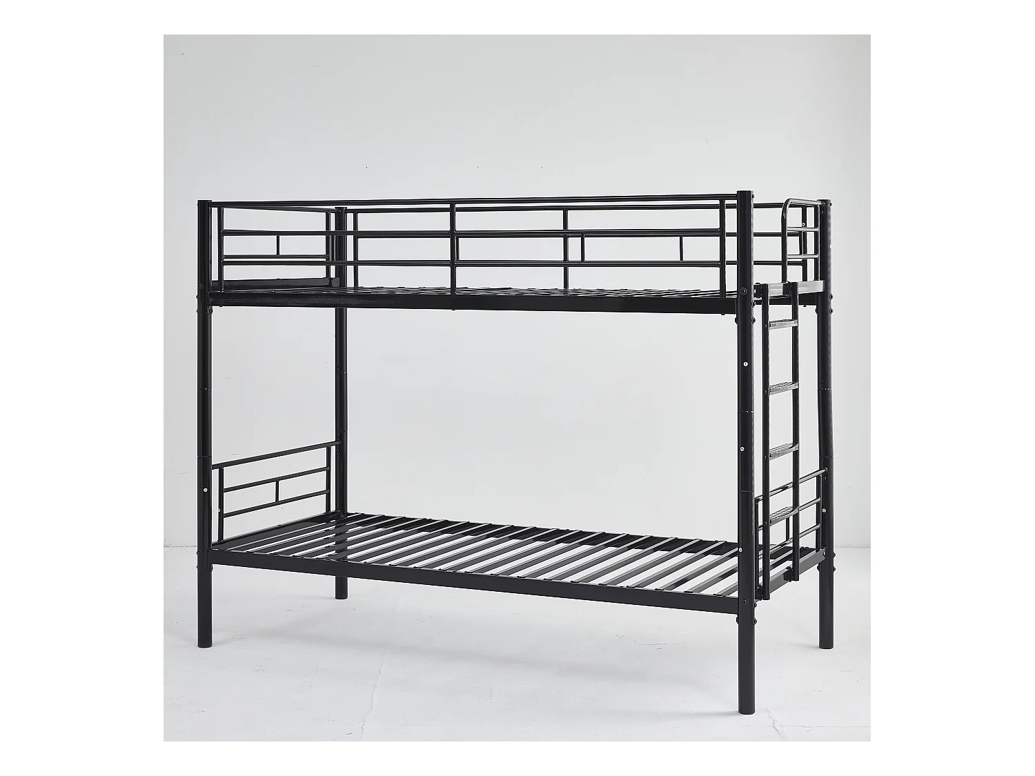 Lit superposé enfant 90x200 cm avec barrières de sécurité et échelle, sommier inclus, cadre en métal Noir, sans matelas