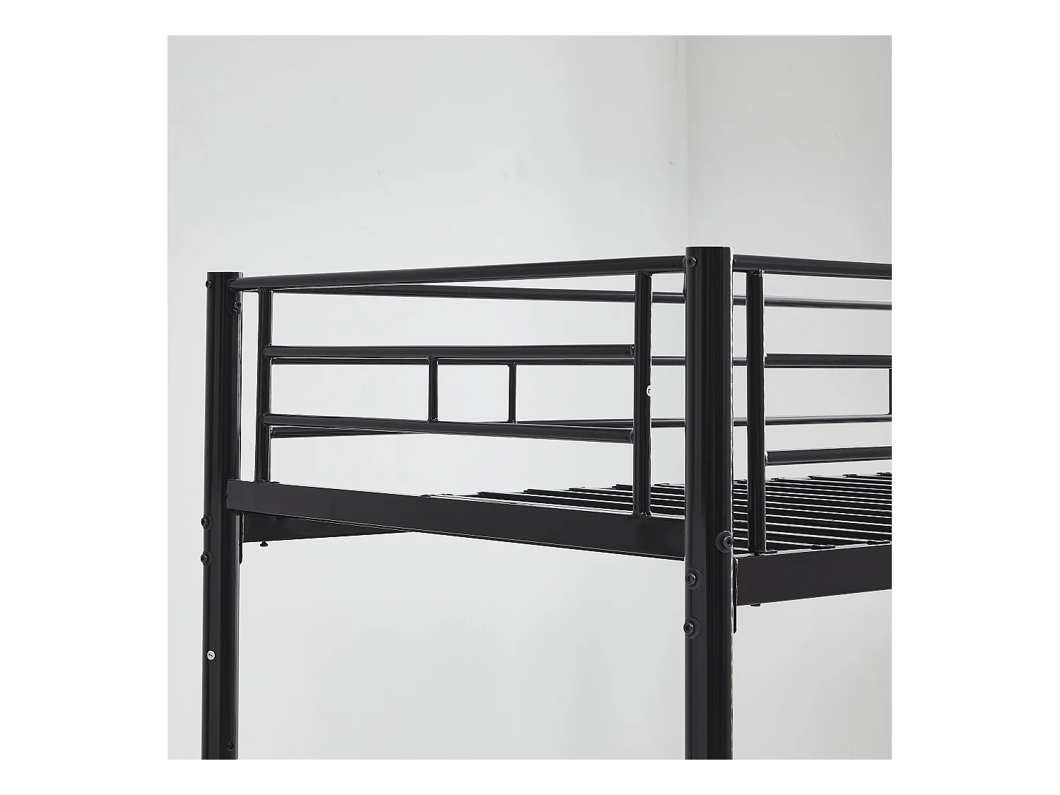 Lit superposé enfant 90x200 cm avec barrières de sécurité et échelle, sommier inclus, cadre en métal Noir, sans matelas