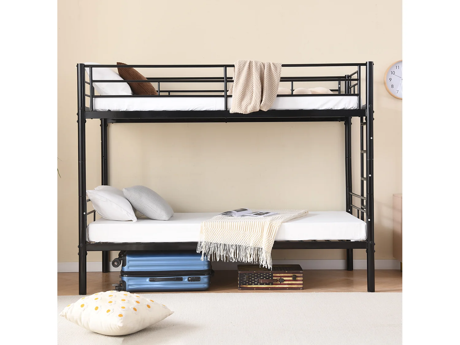 Lit superposé enfant 90x200 cm avec barrières de sécurité et échelle, sommier inclus, cadre en métal Noir, sans matelas