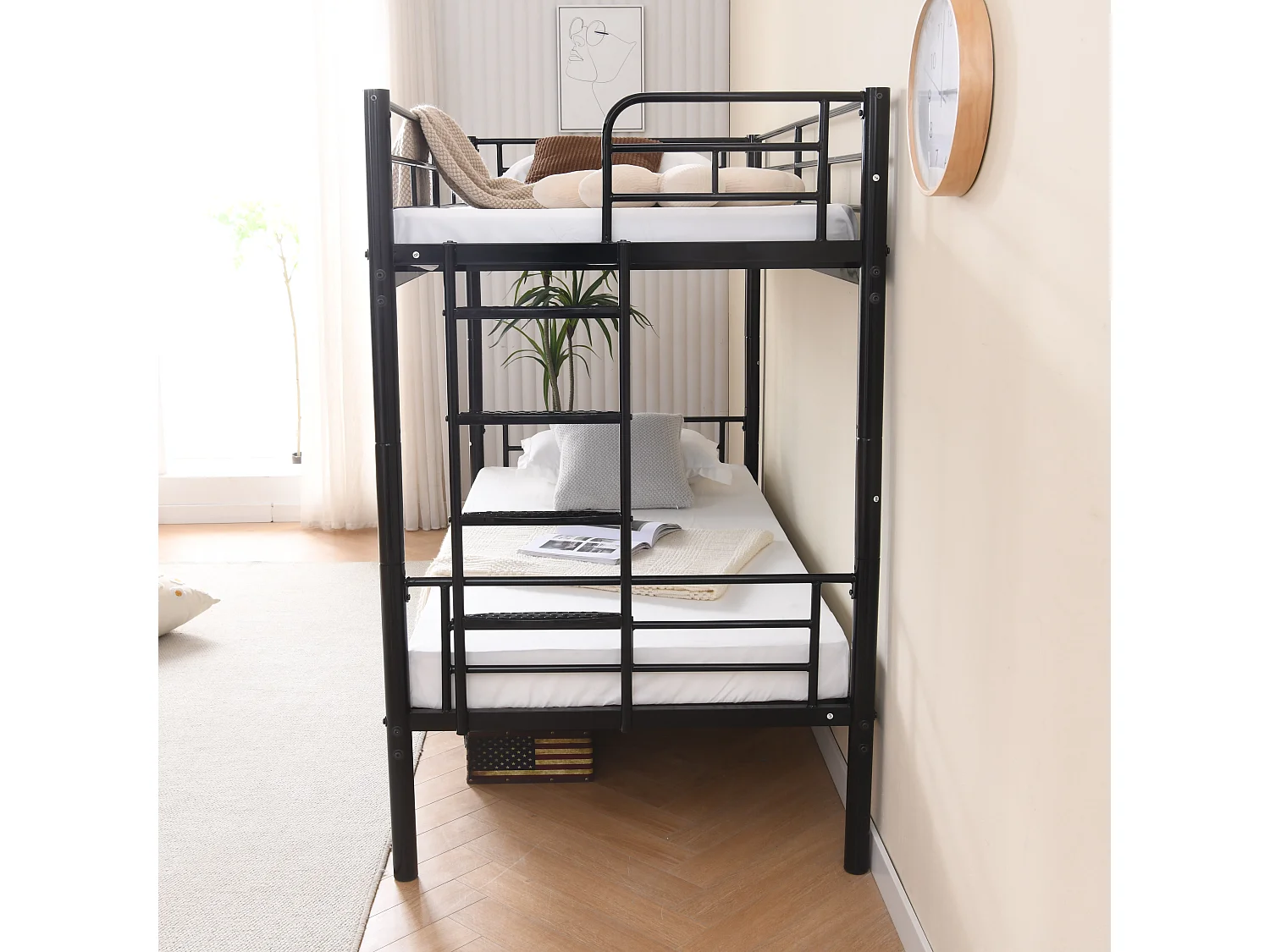 Lit superposé enfant 90x200 cm avec barrières de sécurité et échelle, sommier inclus, cadre en métal Noir, sans matelas