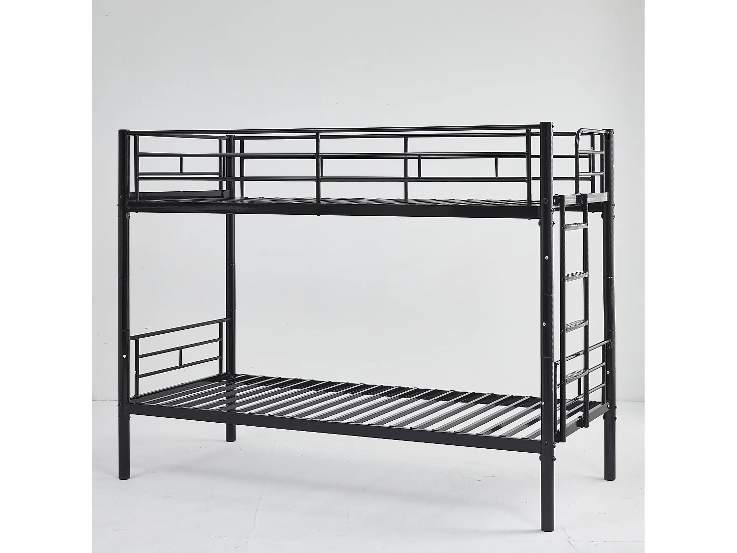 Lit superposé enfant 90x200 cm avec barrières de sécurité et échelle, sommier inclus, cadre en métal Noir, sans matelas