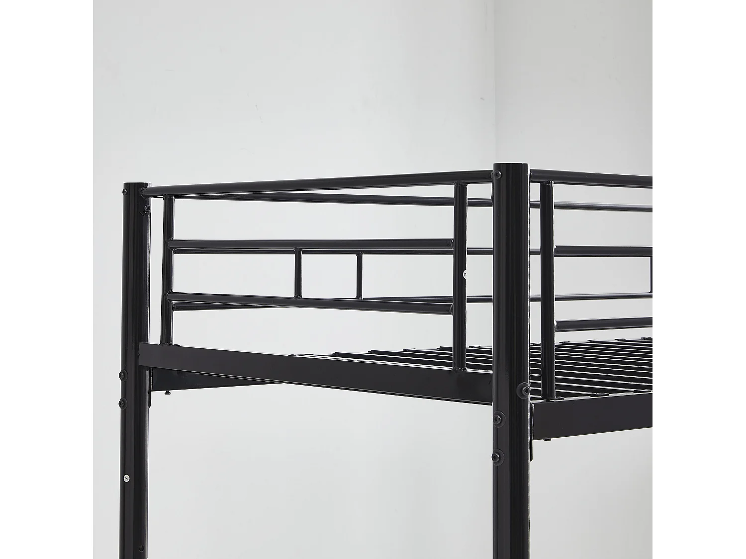 Lit superposé enfant 90x200 cm avec barrières de sécurité et échelle, sommier inclus, cadre en métal Noir, sans matelas