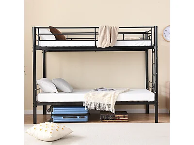 Stapelbed 90x200 cm voor kinderen met veiligheidshekken – om te bouwen tot 2 eenpersoonsbedden, lattenbodem, antislip ladder – Zwart (zonder matras)