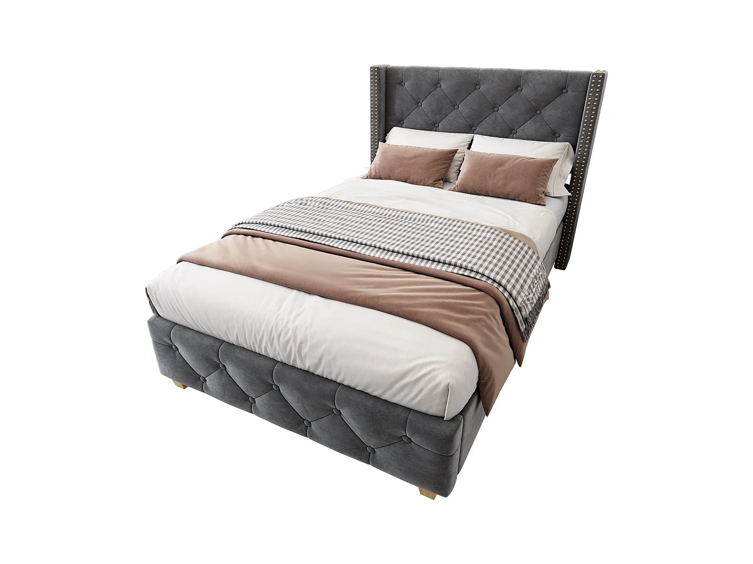 Cama 90x200 cm com estrado e cabeceira capitonê com botões e tachas, em veludo cinza (sem colchão)