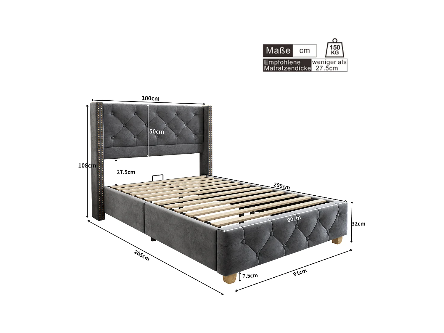 Cama 90x200 cm com estrado e cabeceira capitonê com botões e tachas, em veludo cinza (sem colchão)