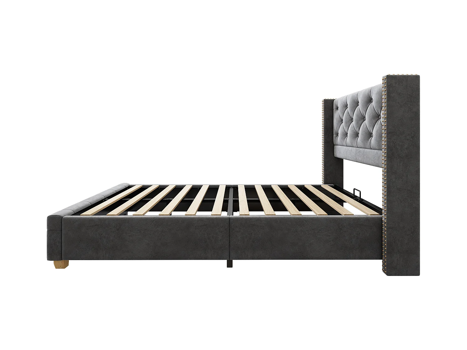 Cama 90x200 cm com estrado e cabeceira capitonê com botões e tachas, em veludo cinza (sem colchão)