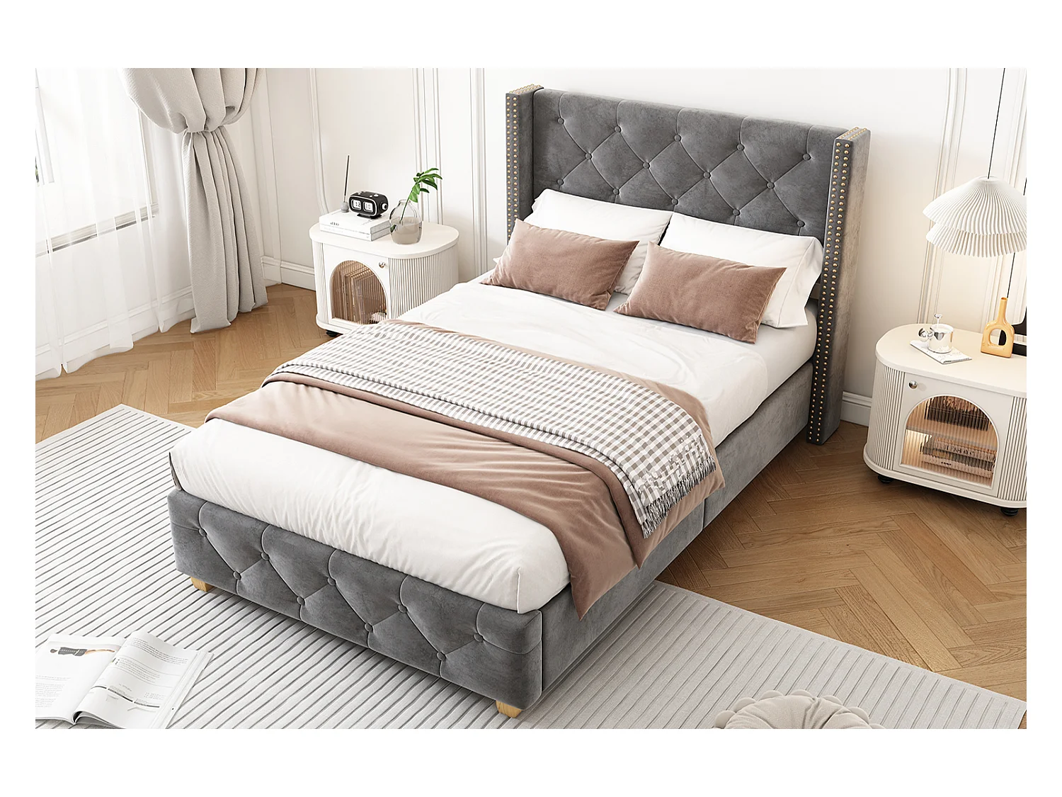 Cama 90x200 cm com estrado e cabeceira capitonê com botões e tachas, em veludo cinza (sem colchão)