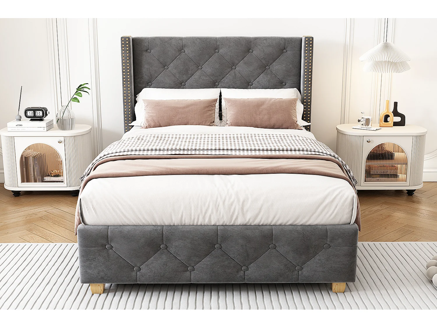 Lit 90x200 cm avec sommier et tête de lit, capitonnage avec boutons et clous, en velours gris(sans matelas)