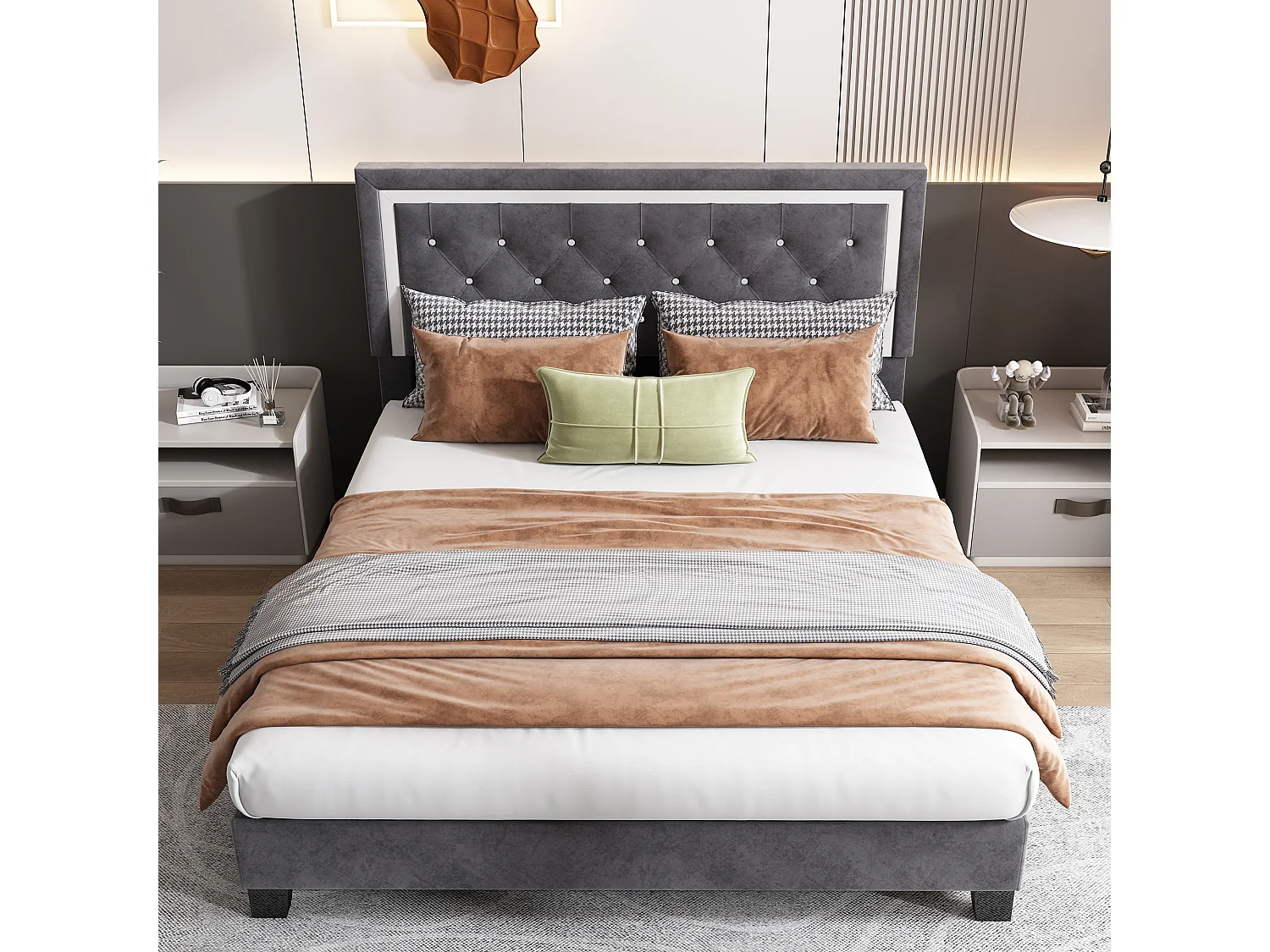 Lit adulte 140x200 cm - Tête de lit rembourrée - Velours gris (sans matelas)