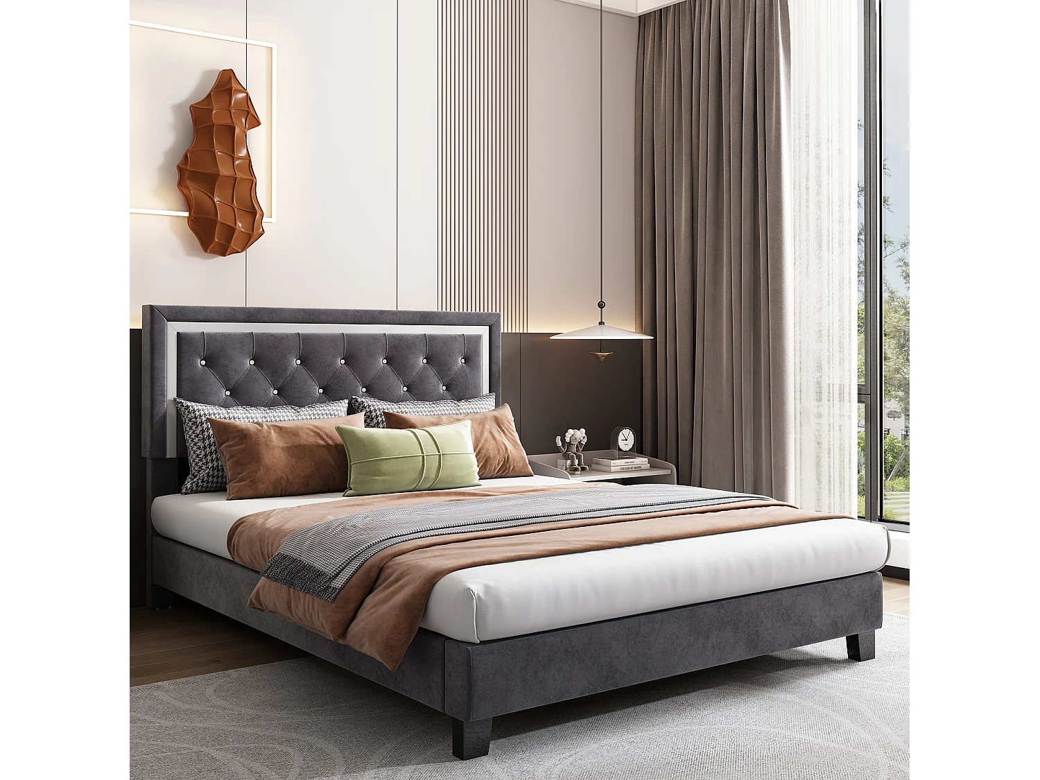 Lit adulte 140x200 cm - Tête de lit rembourrée - Velours gris (sans matelas)