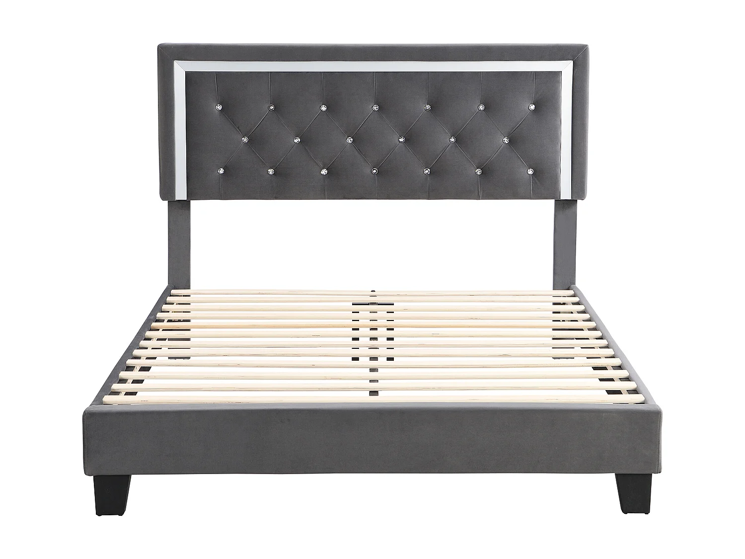 Lit adulte 140x200 cm - Tête de lit rembourrée - Velours gris (sans matelas)