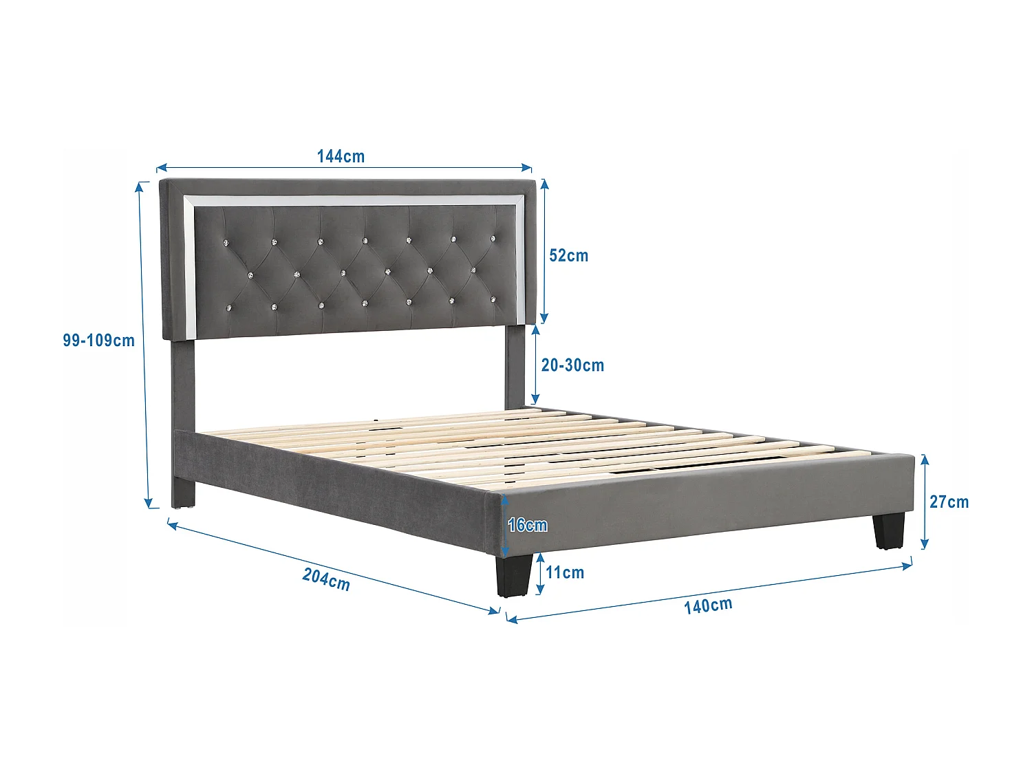 Lit adulte 140x200 cm - Tête de lit rembourrée - Velours gris (sans matelas)