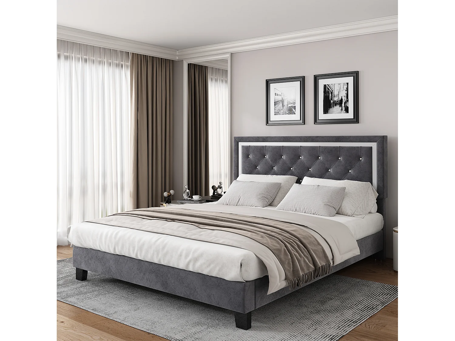 Lit adulte 140x200 cm - Tête de lit rembourrée - Velours gris (sans matelas)