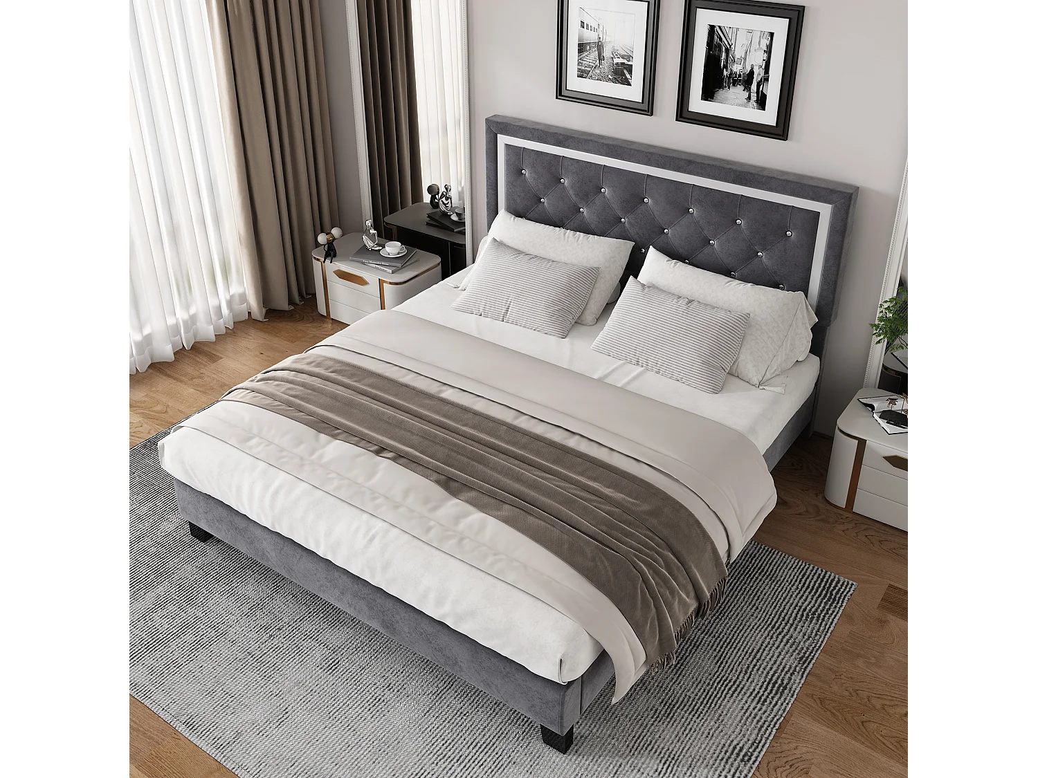 Lit adulte 140x200 cm - Tête de lit rembourrée - Velours gris (sans matelas)
