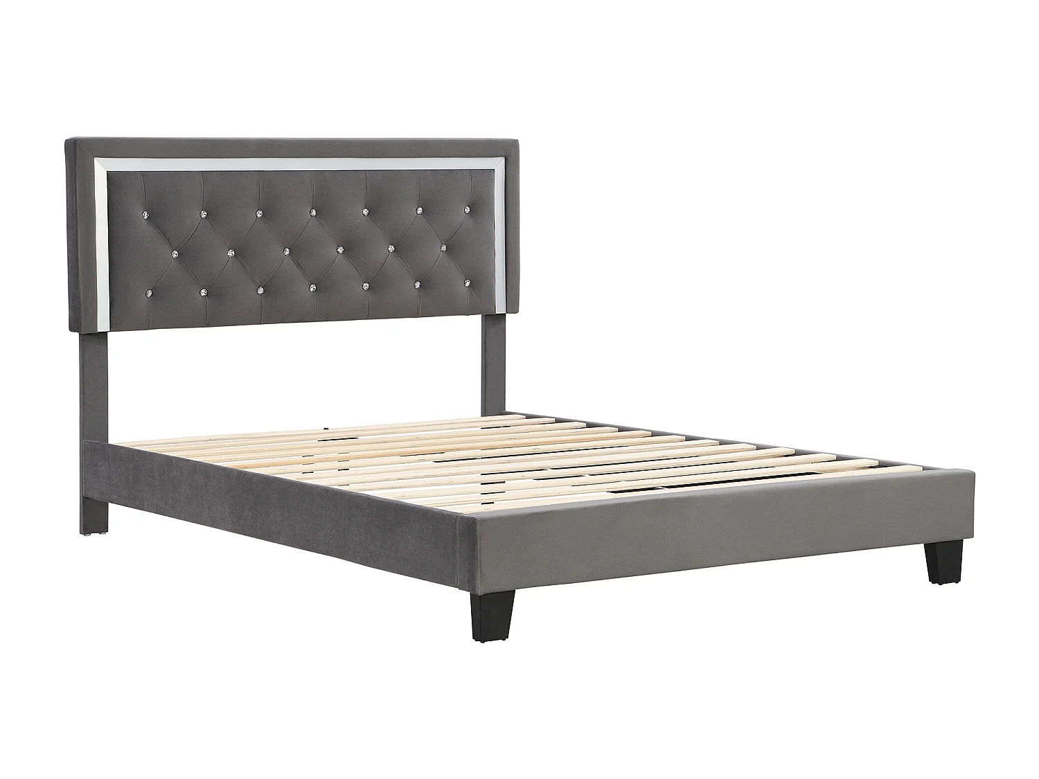 Lit adulte 140x200 cm - Tête de lit rembourrée - Velours gris (sans matelas)