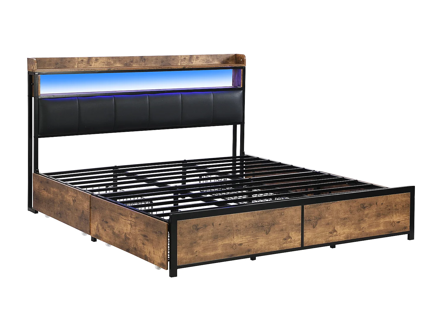 Lit adulte design 180x200 cm avec 4 tiroirs et éclairage LED - Revêtement en simili cuir noir (sans matelas)