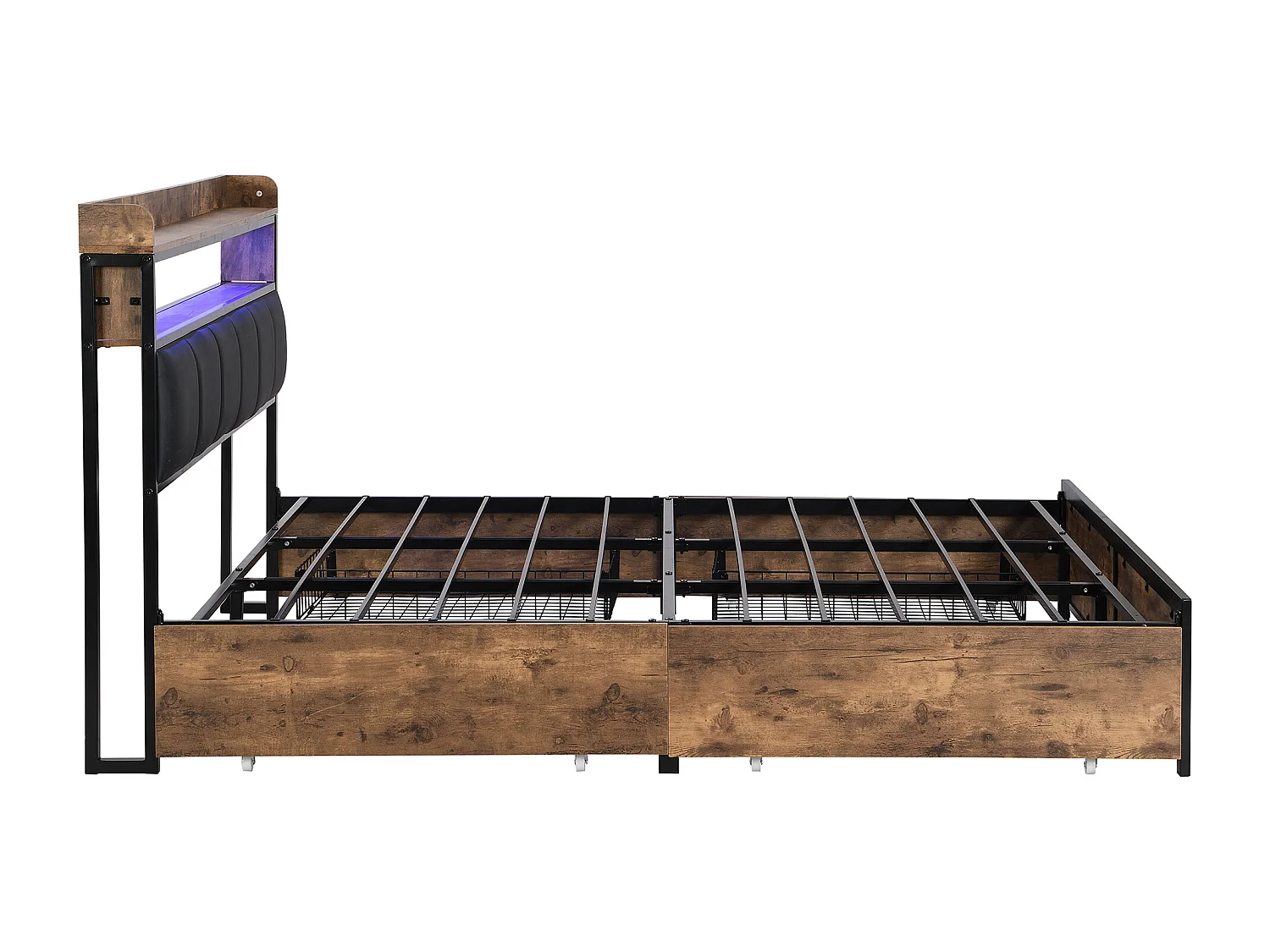 Lit adulte design 180x200 cm avec 4 tiroirs et éclairage LED - Revêtement en simili cuir noir (sans matelas)