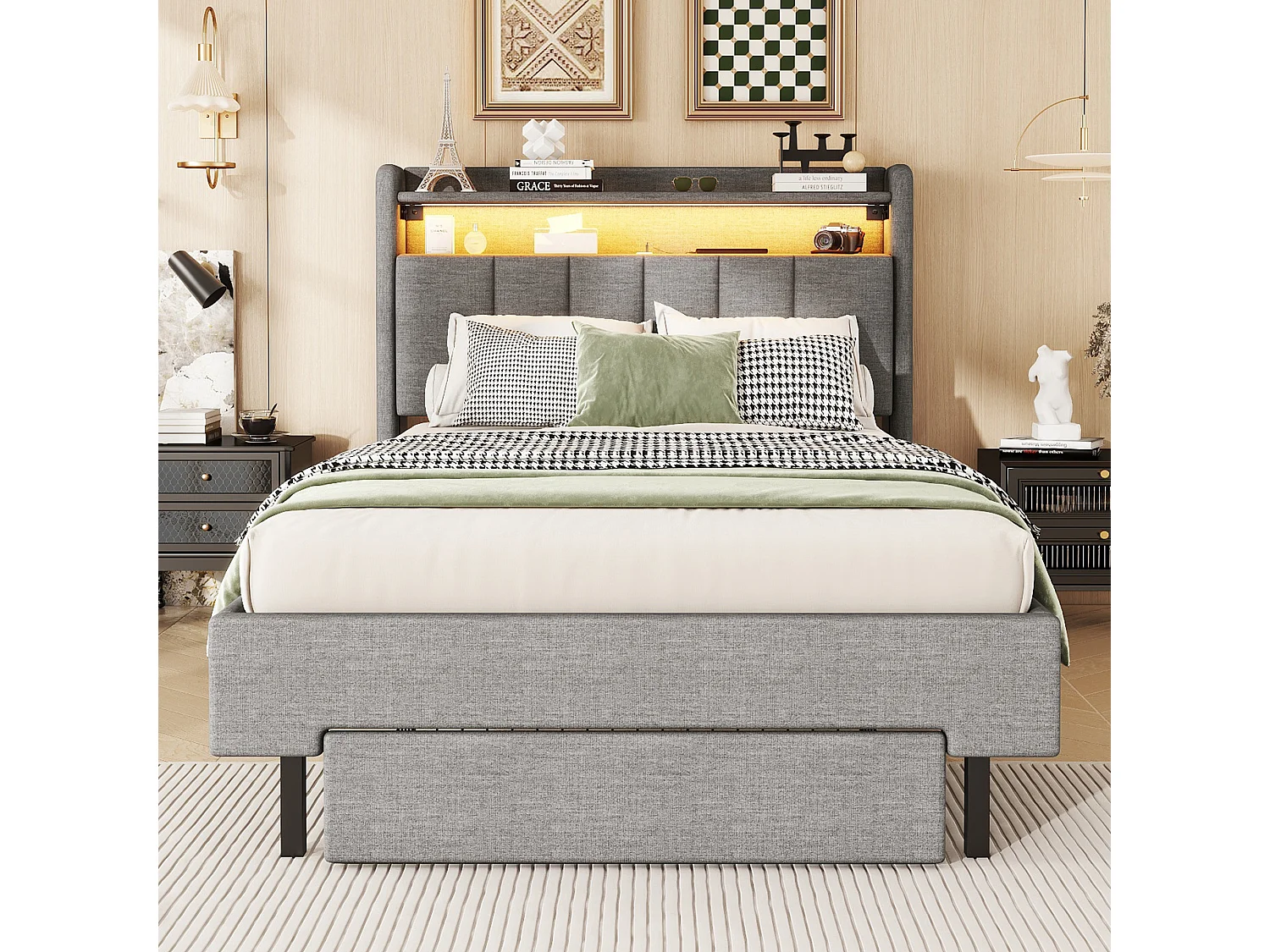 Lit enfant 90x200 cm avec tiroir, tête de lit de rangement avec LED et USB,en lin gris(sans matelas)