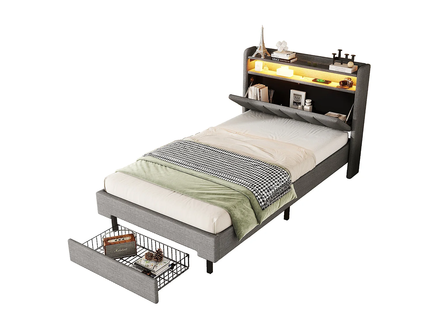 Lit enfant 90x200 cm avec tiroir, tête de lit de rangement avec LED et USB,en lin gris(sans matelas)