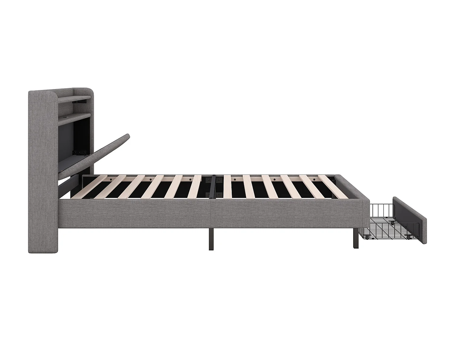 Lit enfant 90x200 cm avec tiroir, tête de lit de rangement avec LED et USB,en lin gris(sans matelas)