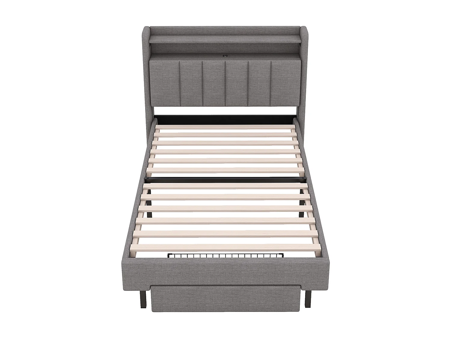 Lit enfant 90x200 cm avec tiroir, tête de lit de rangement avec LED et USB,en lin gris(sans matelas)