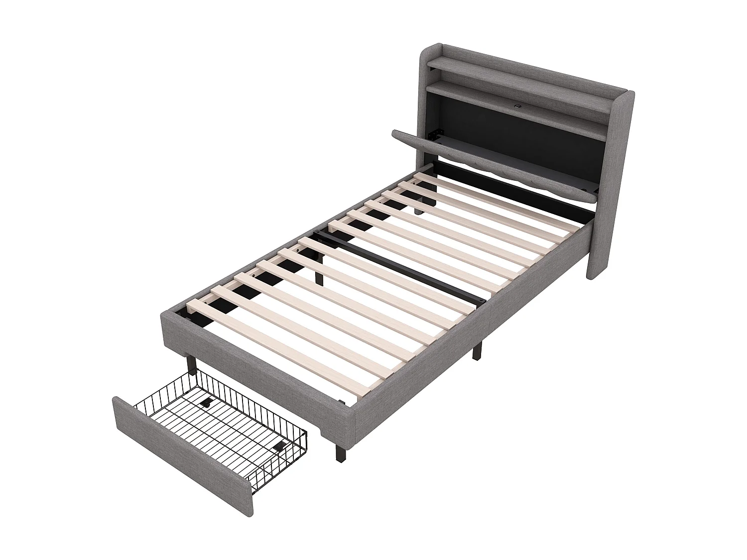 Lit enfant 90x200 cm avec tiroir, tête de lit de rangement avec LED et USB,en lin gris(sans matelas)