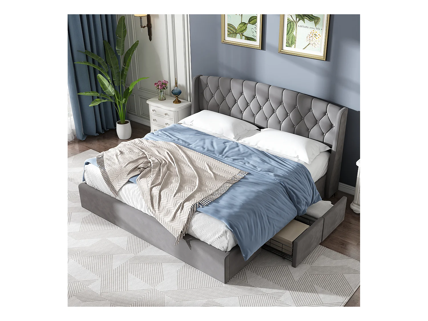 Lit adulte 180x200 cm en velours gris avec sommier, 4 tiroirs， sans matelas