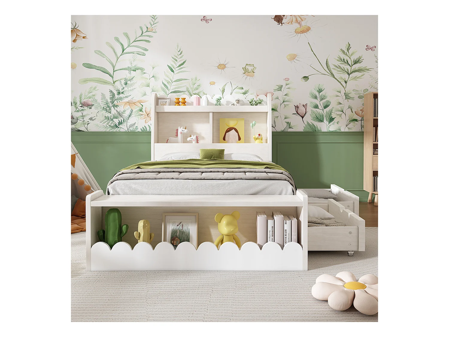 Cama infantil 90x190 cm com gavetas, prateleira e banco de arrumação, design branco e carvalho, sem colchão
