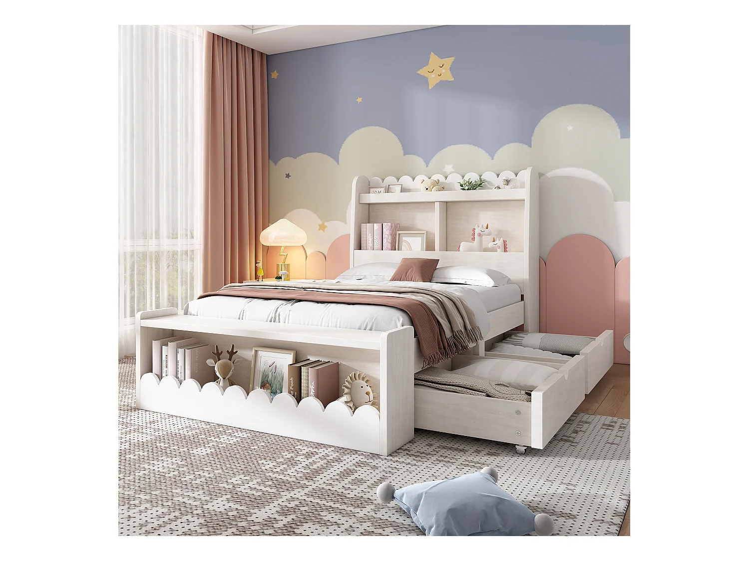 Cama infantil 90x190 cm com gavetas, prateleira e banco de arrumação, design branco e carvalho, sem colchão