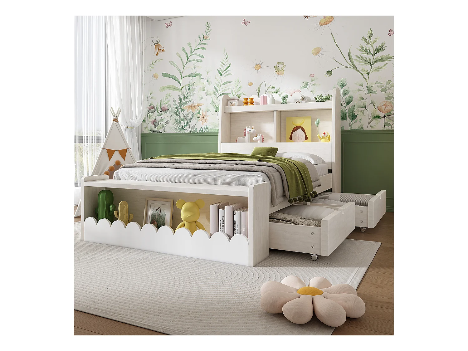 Cama infantil 90x190 cm com gavetas, prateleira e banco de arrumação, design branco e carvalho, sem colchão
