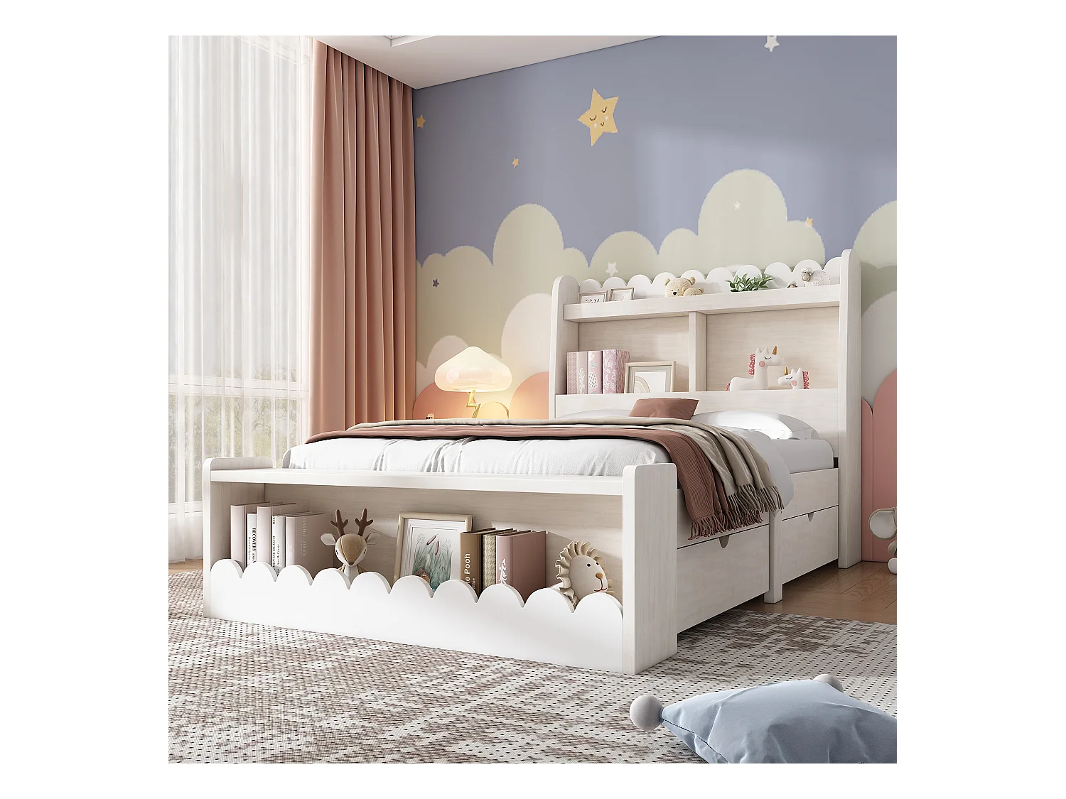 Cama infantil 90x190 cm com gavetas, prateleira e banco de arrumação, design branco e carvalho, sem colchão
