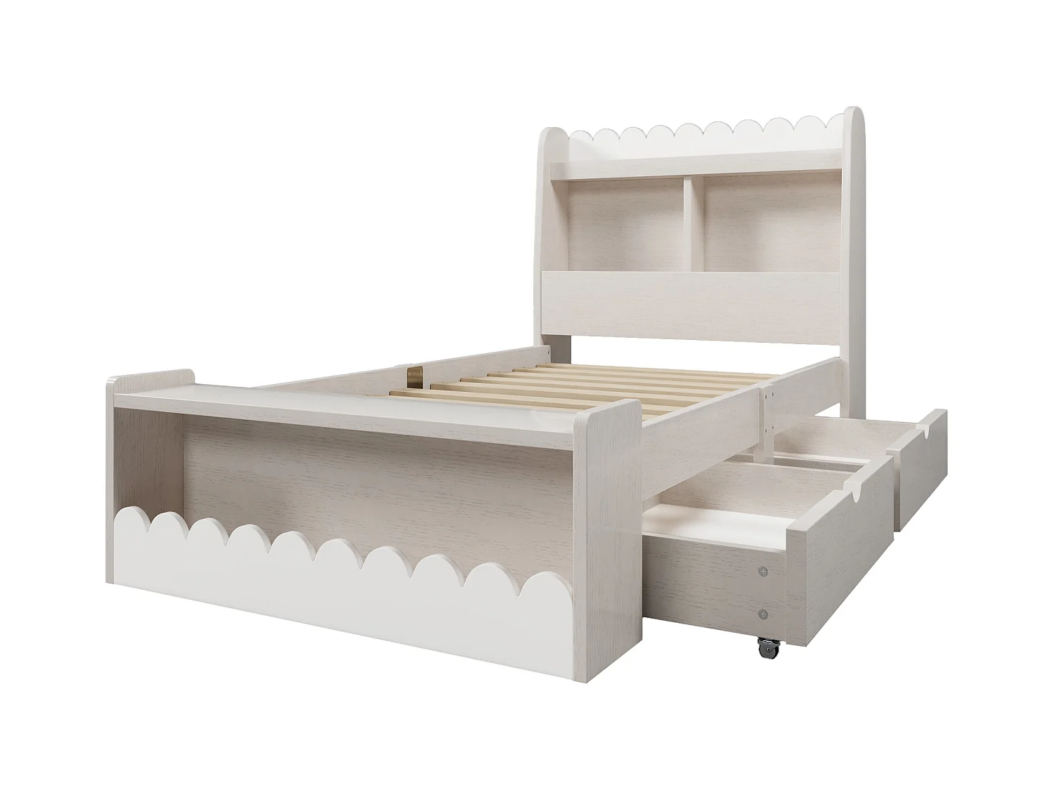 Cama infantil 90x190 cm com gavetas, prateleira e banco de arrumação, design branco e carvalho, sem colchão