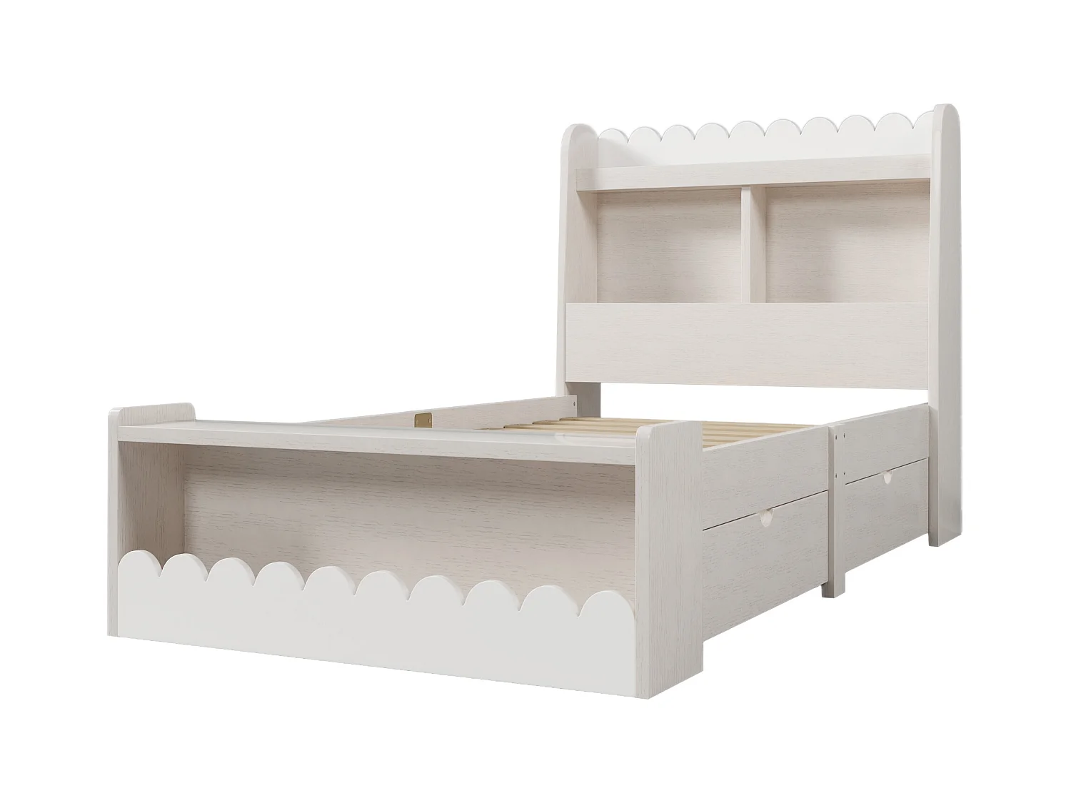 Cama infantil 90x190 cm com gavetas, prateleira e banco de arrumação, design branco e carvalho, sem colchão