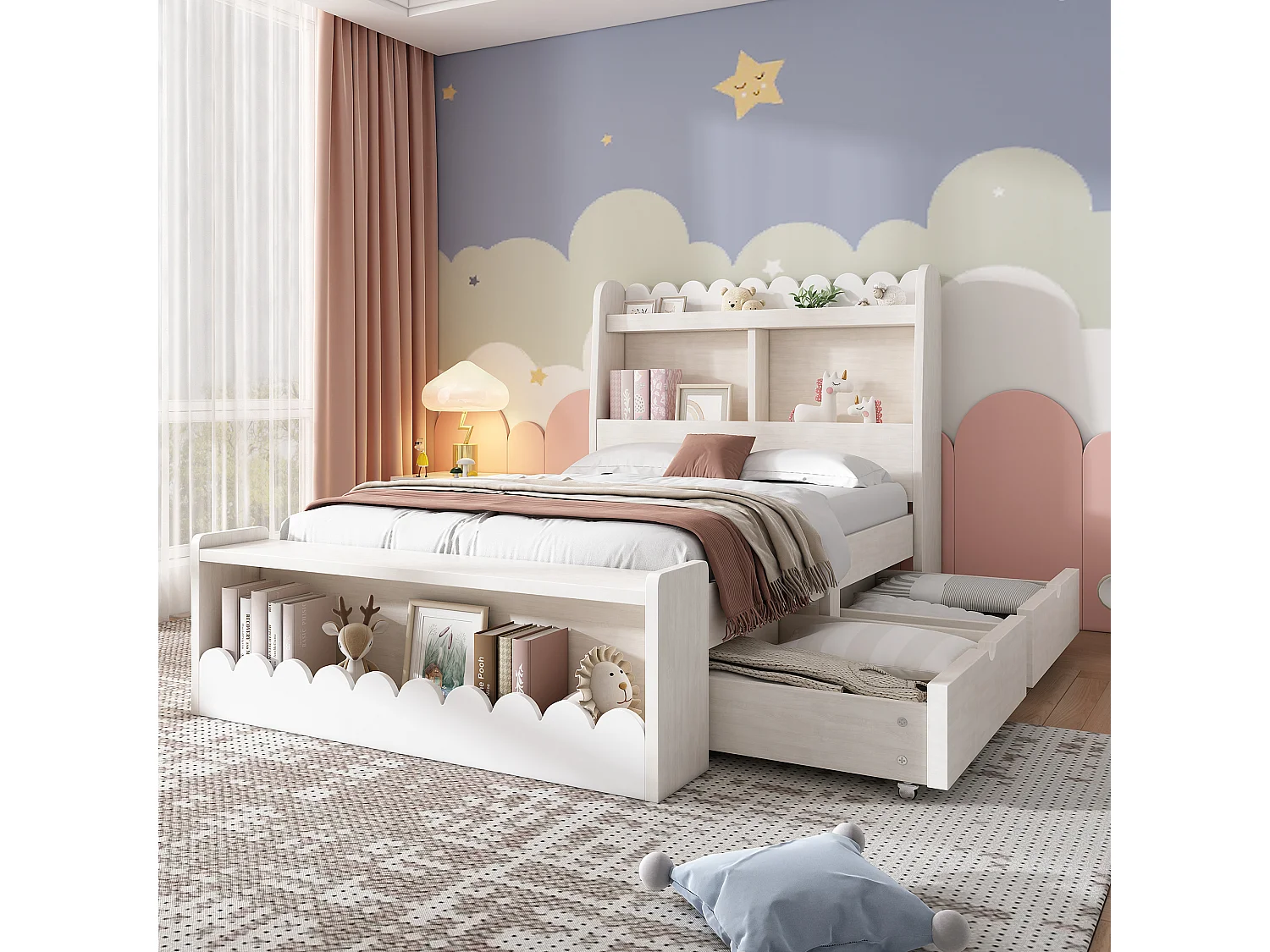 Lit Enfant 90x190 cm avec Tiroirs, Étagère et Banc de Rangement, Design Blanc et Chêne, Sans Matelas