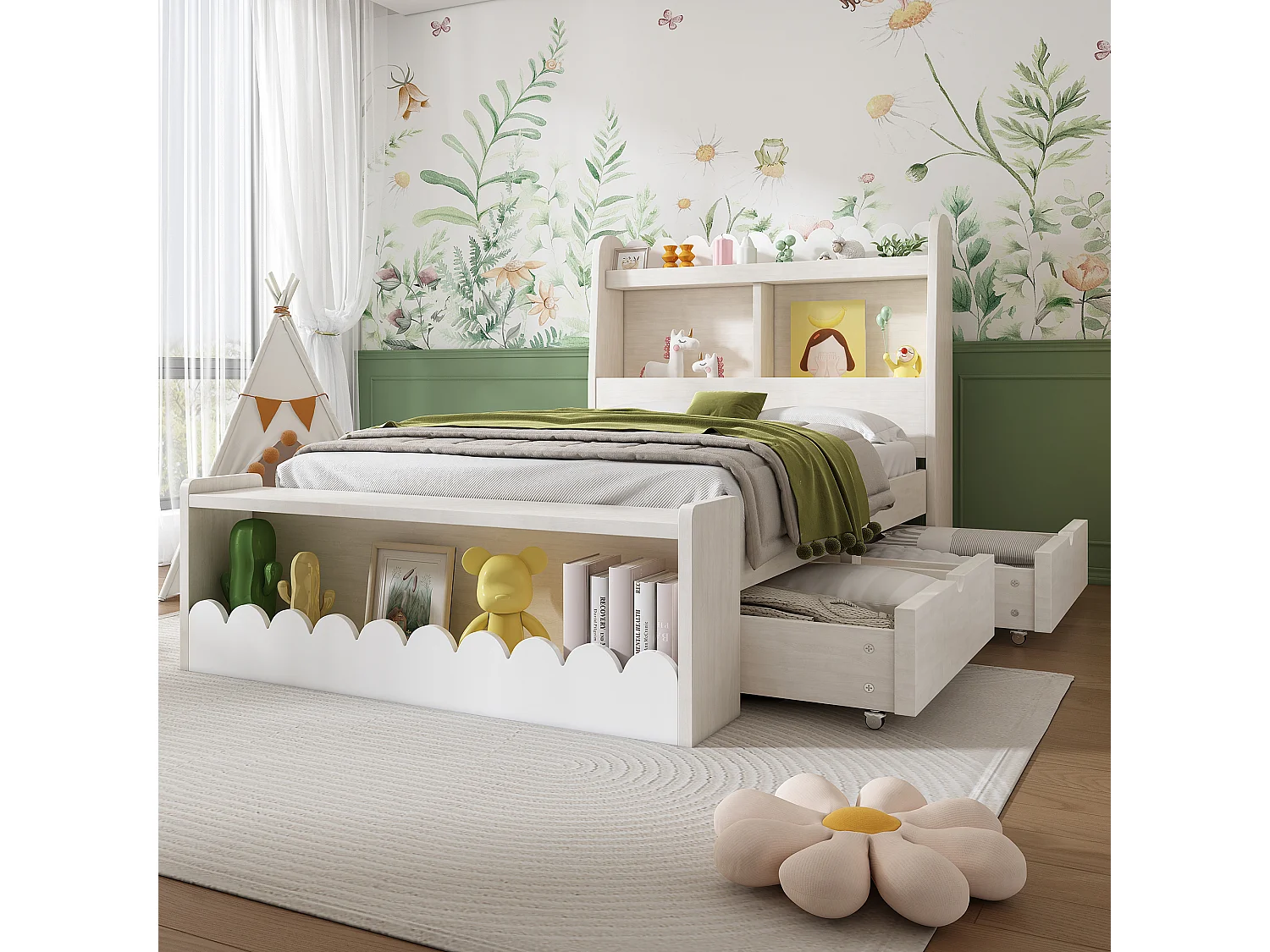 Lit Enfant 90x190 cm avec Tiroirs, Étagère et Banc de Rangement, Design Blanc et Chêne, Sans Matelas