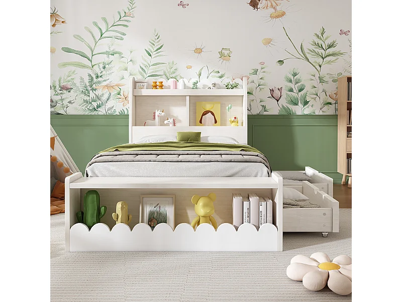 Kinderbed 90x190 cm met laden, plank en opbergbank, wit en eiken design, zonder matras