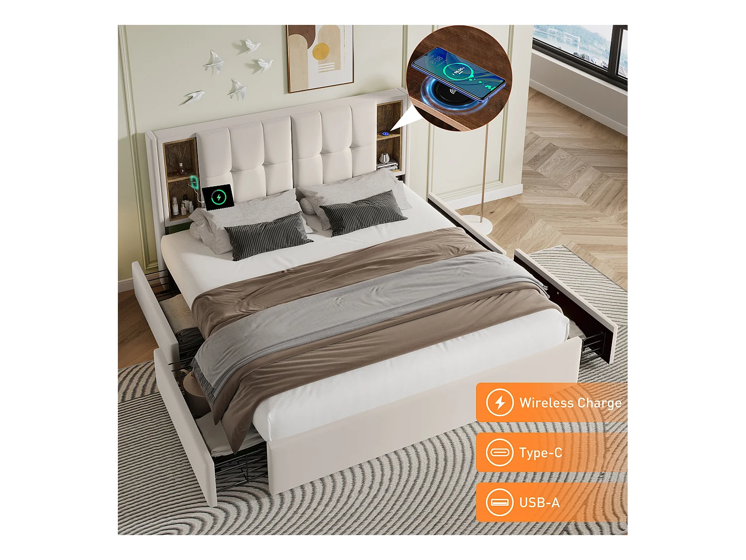 Lit adulte 160x200 cm avec Charge sans fil USB-C et 4 tiroirs - Velours beige (sans matelas)