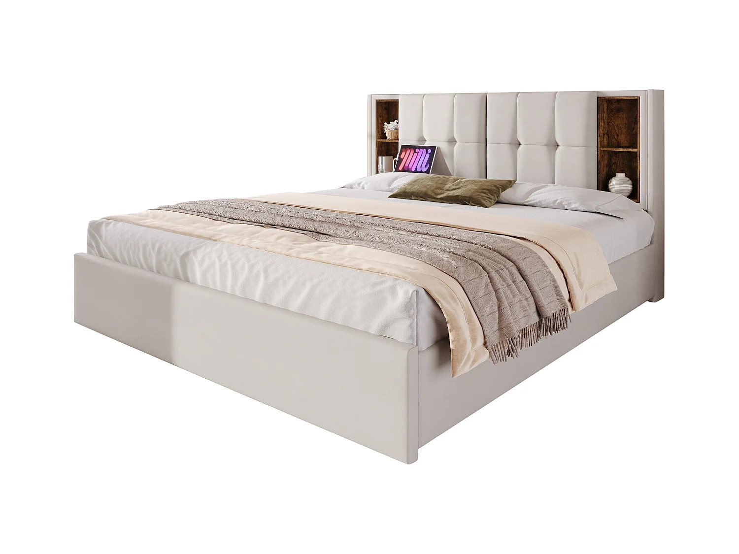 Lit adulte 160x200 cm avec Charge sans fil USB-C et 4 tiroirs - Velours beige (sans matelas)