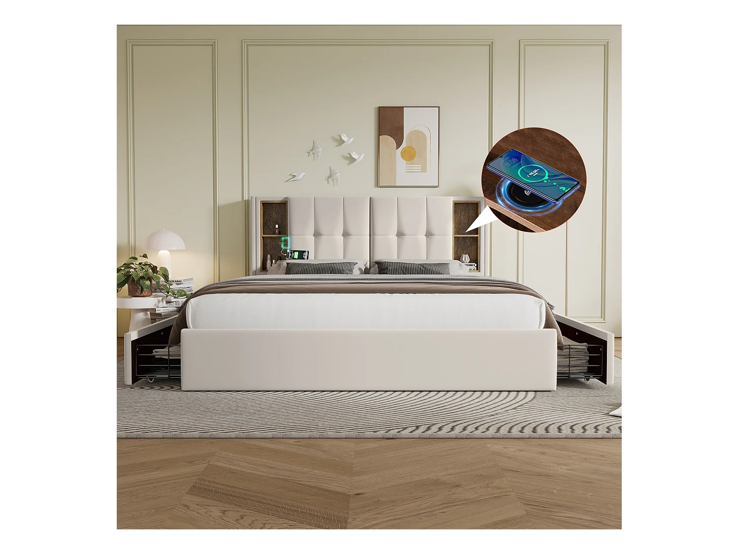 Lit adulte 160x200 cm avec Charge sans fil USB-C et 4 tiroirs - Velours beige (sans matelas)