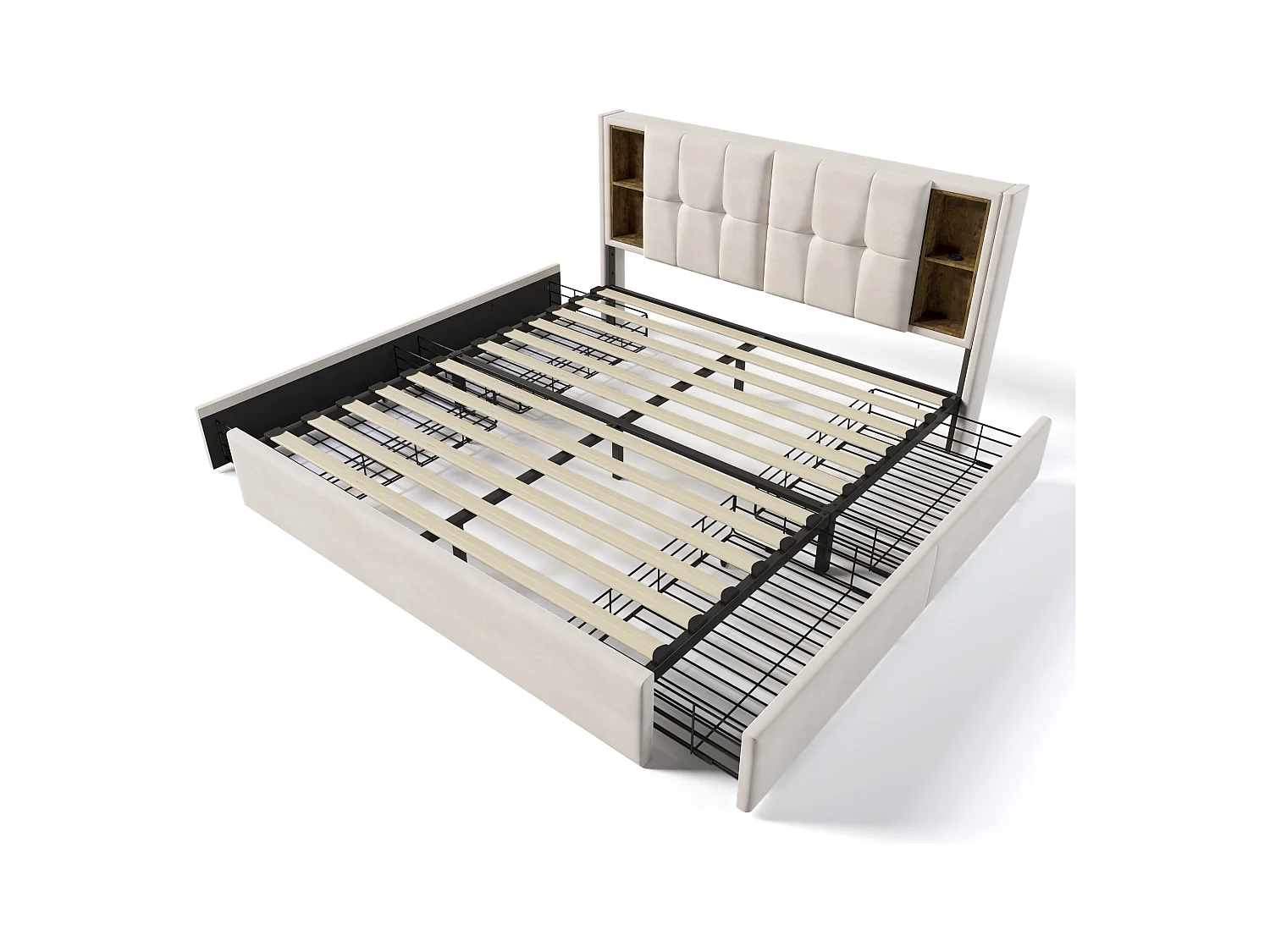 Lit adulte 160x200 cm avec Charge sans fil USB-C et 4 tiroirs - Velours beige (sans matelas)