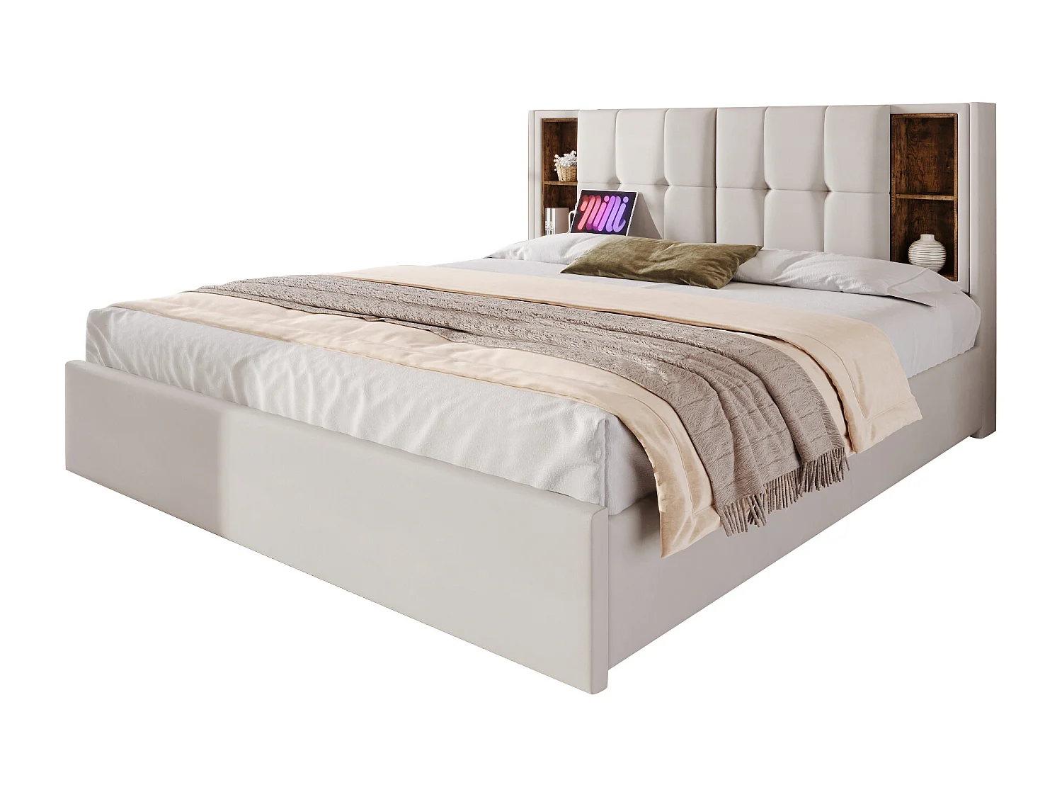Cama de casal 160x200 cm – Carregamento sem fio USB-C e 4 gavetas – Veludo bege (sem colchão)