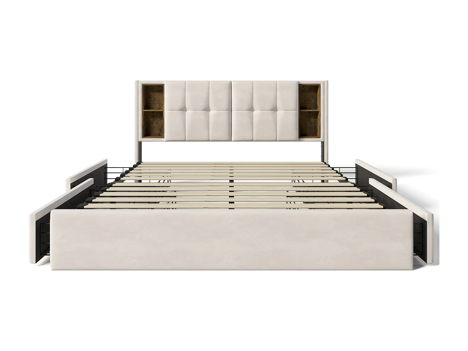 Cama de casal 160x200 cm – Carregamento sem fio USB-C e 4 gavetas – Veludo bege (sem colchão)